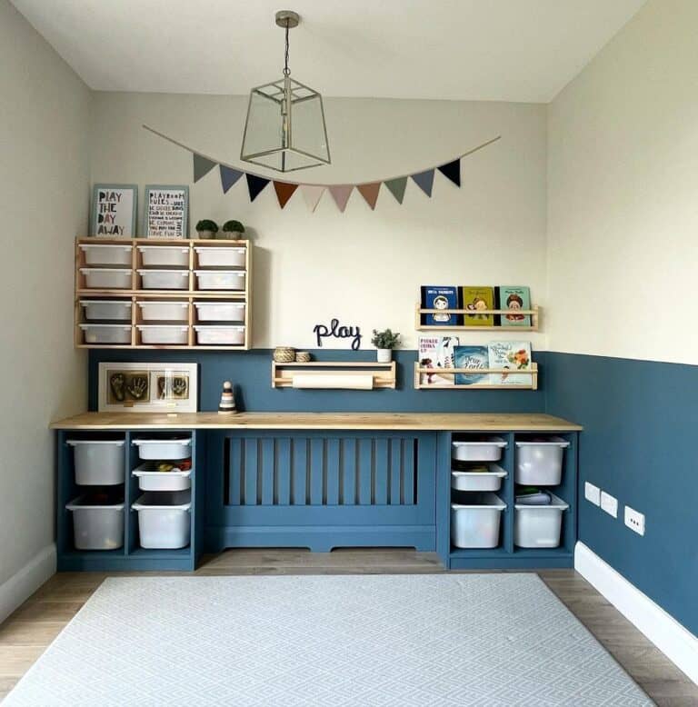 Toys in Wall Storage Units with White Bins