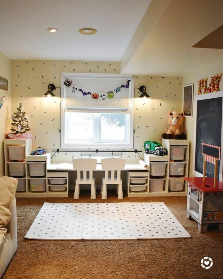 Wall-length Desk Against Playroom Accent Wall