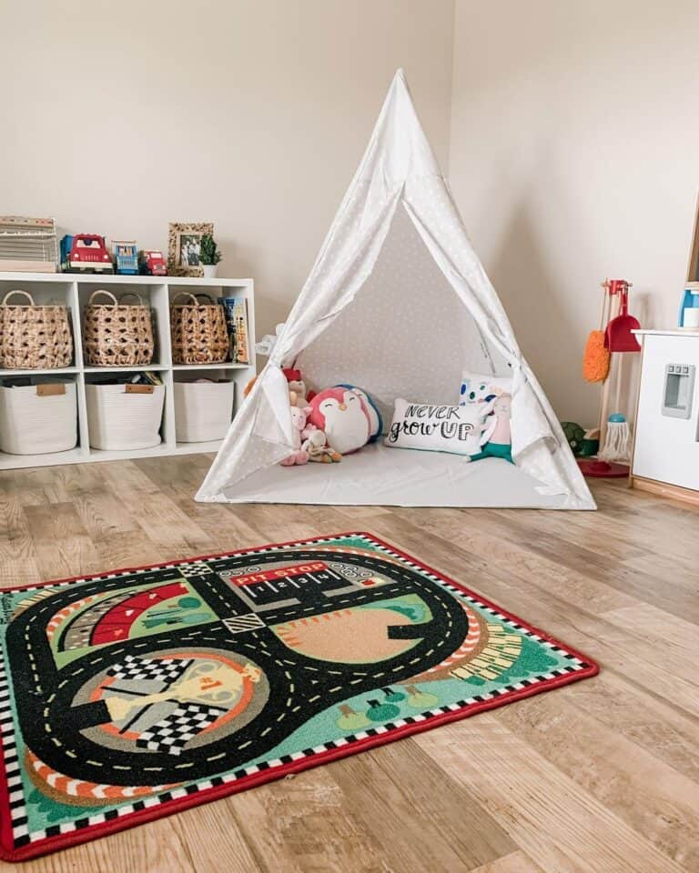 A White Tent Next to a White Shelving Unit