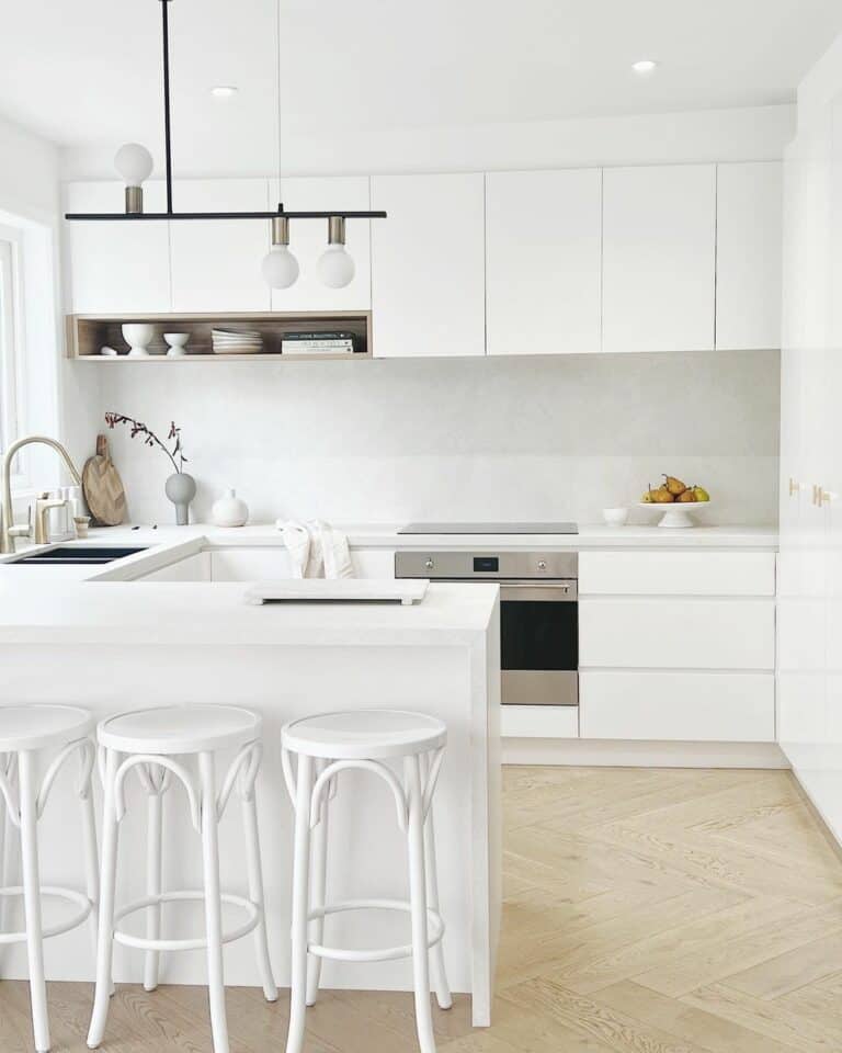 Modern White Kitchen With Recessed Ceiling Lights