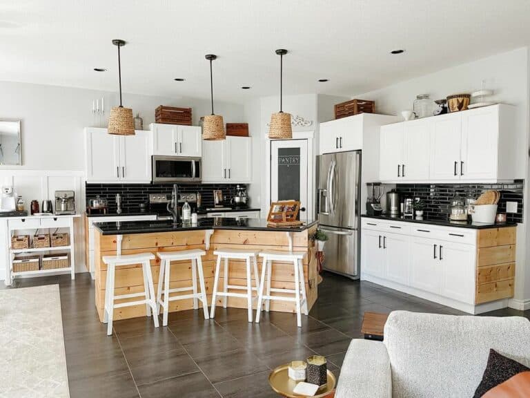 Rattan Lighting Over Wood Shiplap Island