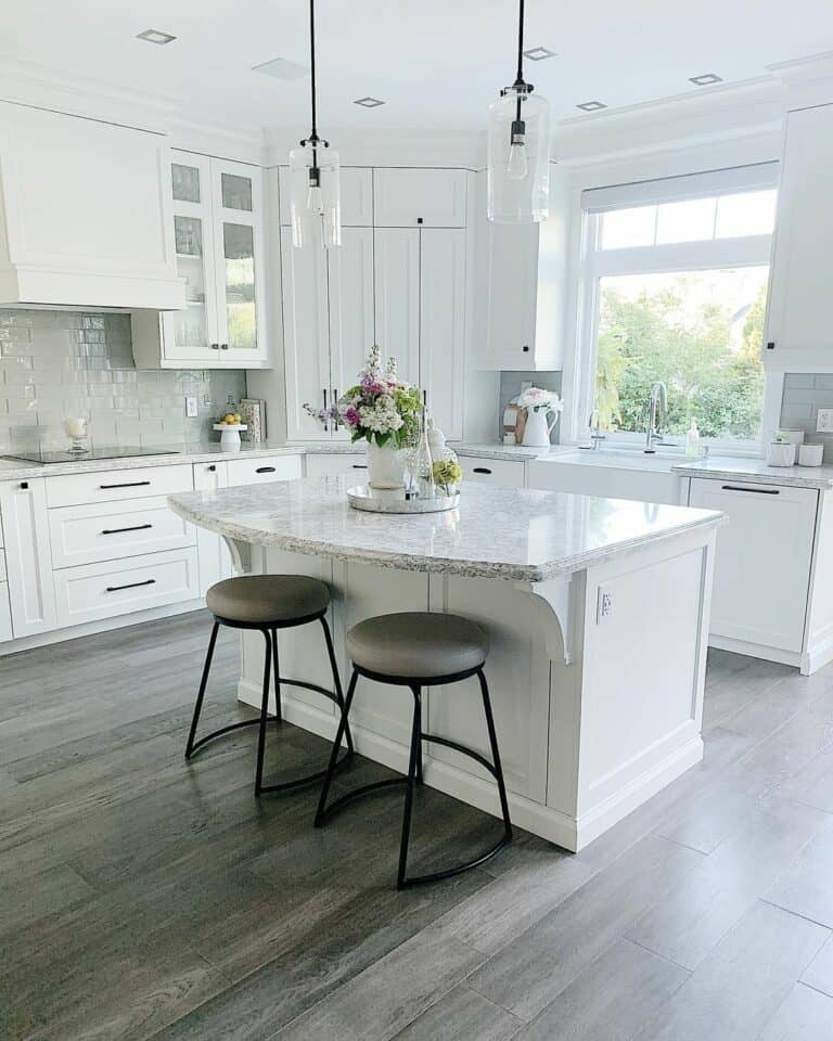 White Kitchen With Recessed Glass Light Fixtures