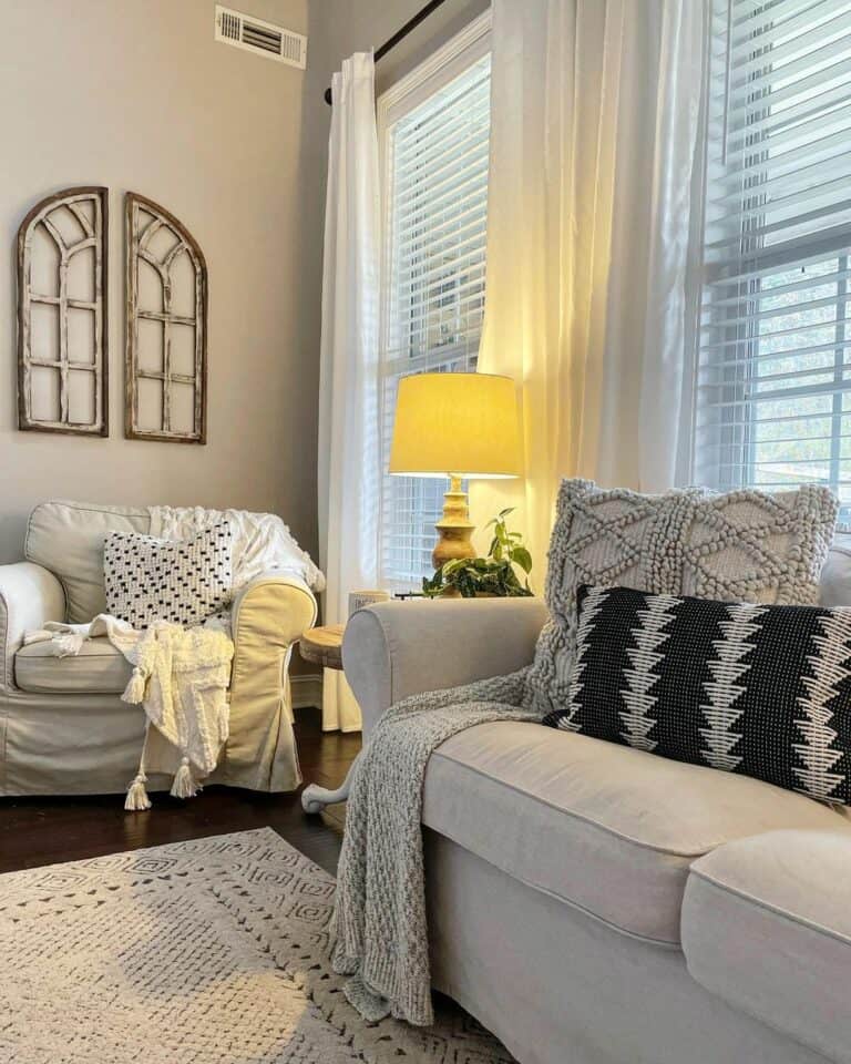 Immaculate White Curtains With White Couch
