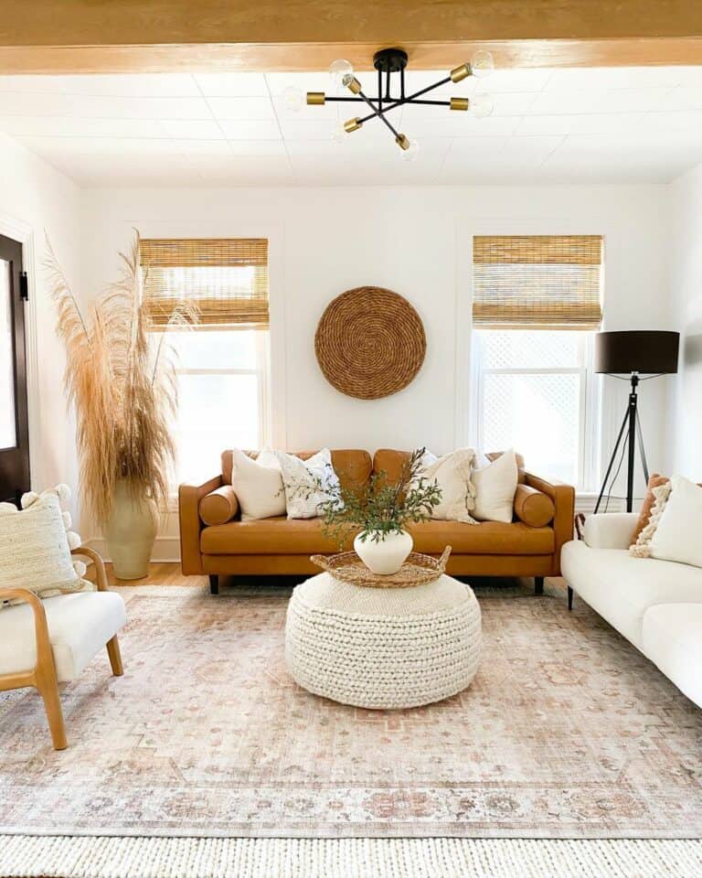 Brown Couch With Bamboo Roman Shades