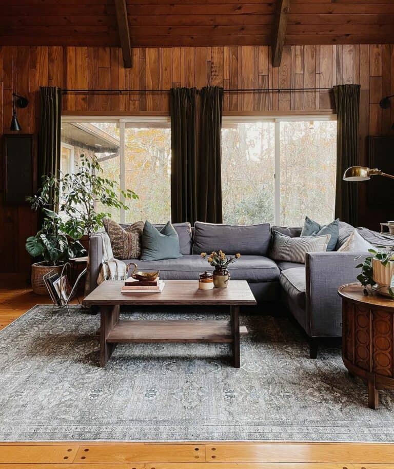 Dark Wood Paneled Living Room Window Treatment