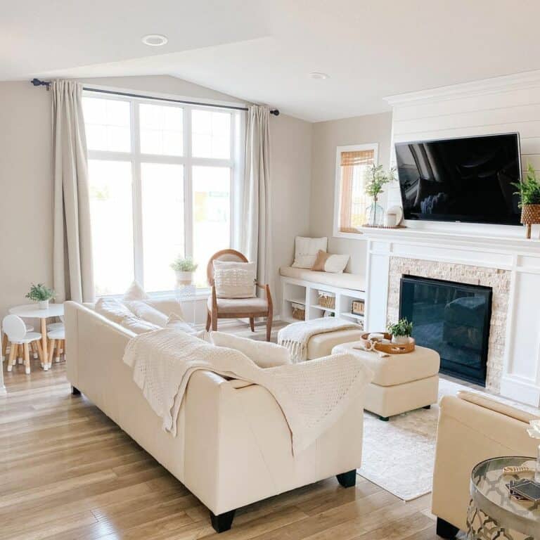 Living Room Windows With Long Light Gray Curtains
