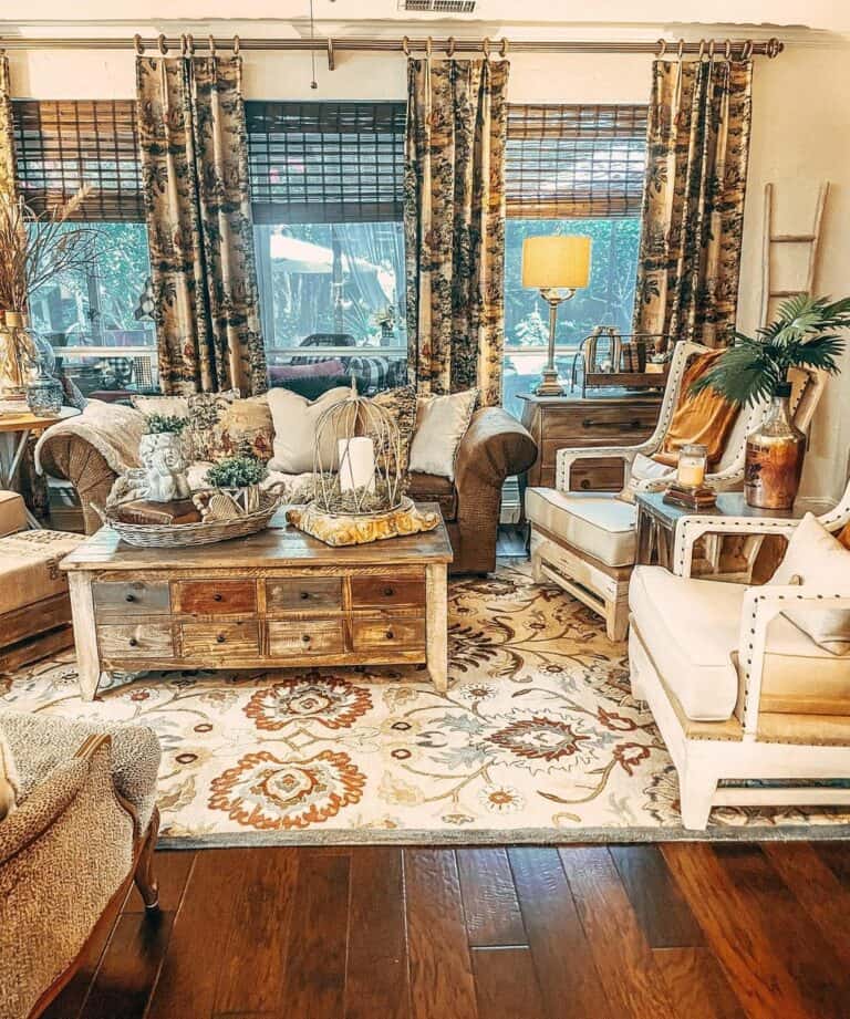 Living Room With Plant-themed Curtains
