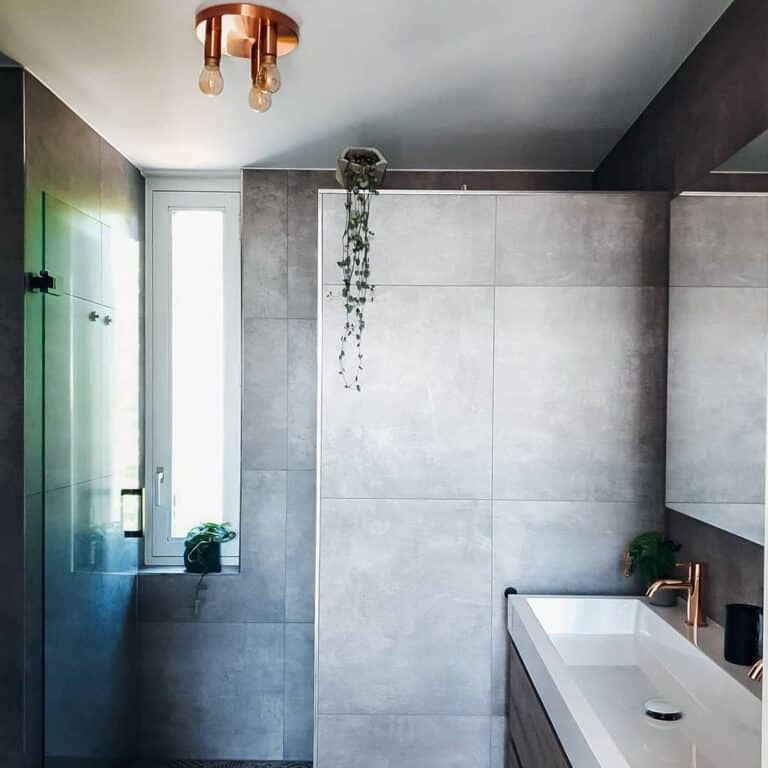 Gray Slabs Cover Bathroom Walls