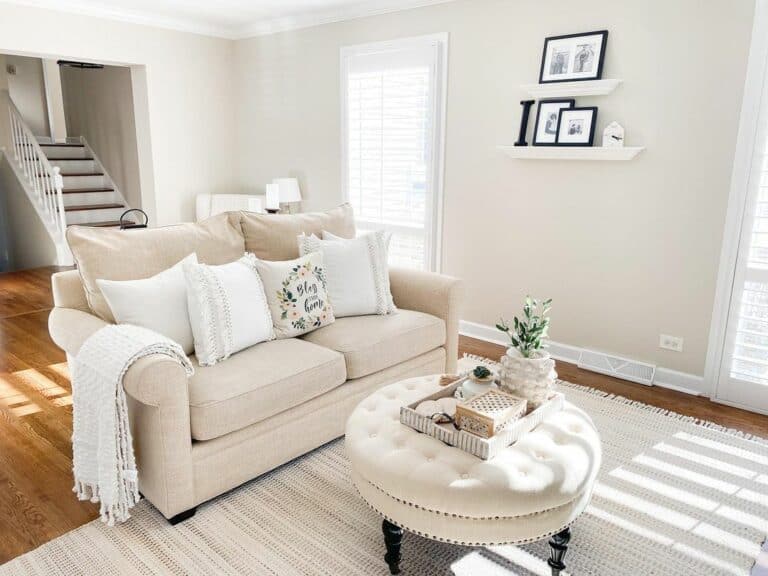 Neutral Cream-colored Farmhouse Living Room