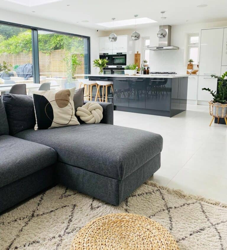 Open Plan Kitchen With Glossy Gray Island