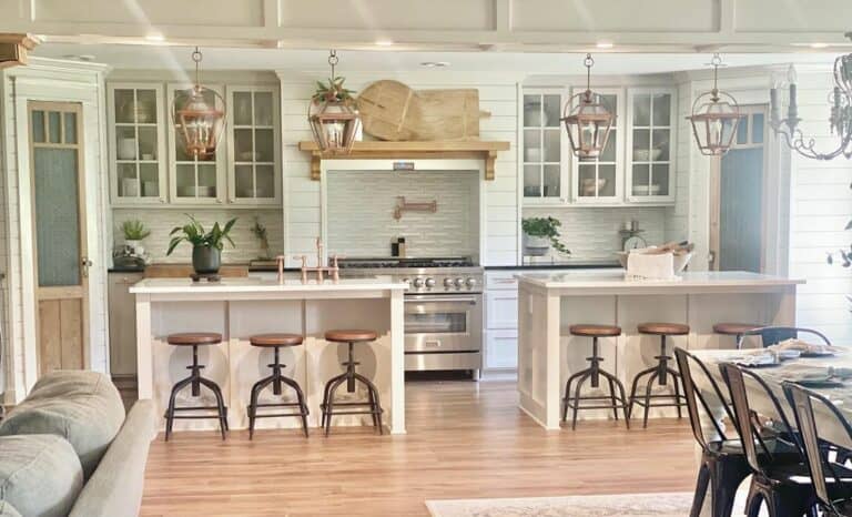 White Open Concept Double Island Farmhouse Kitchen