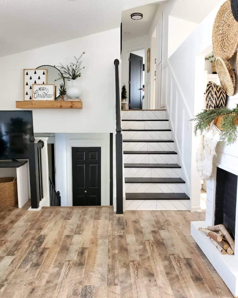White Shiplap Chevron Stair Riser Designs
