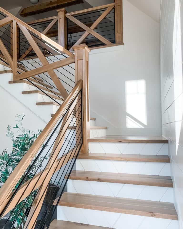 White Chevron Shiplap for Stair Risers