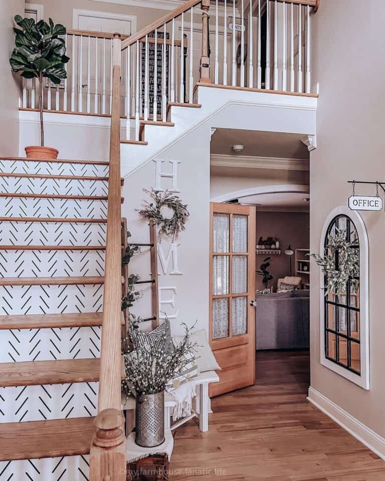Chevron Pattern Stair Riser with Wooden Treads