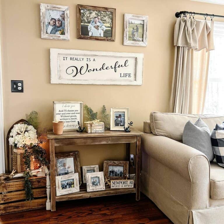 Rustic Wood-framed Photos on Cream Walls