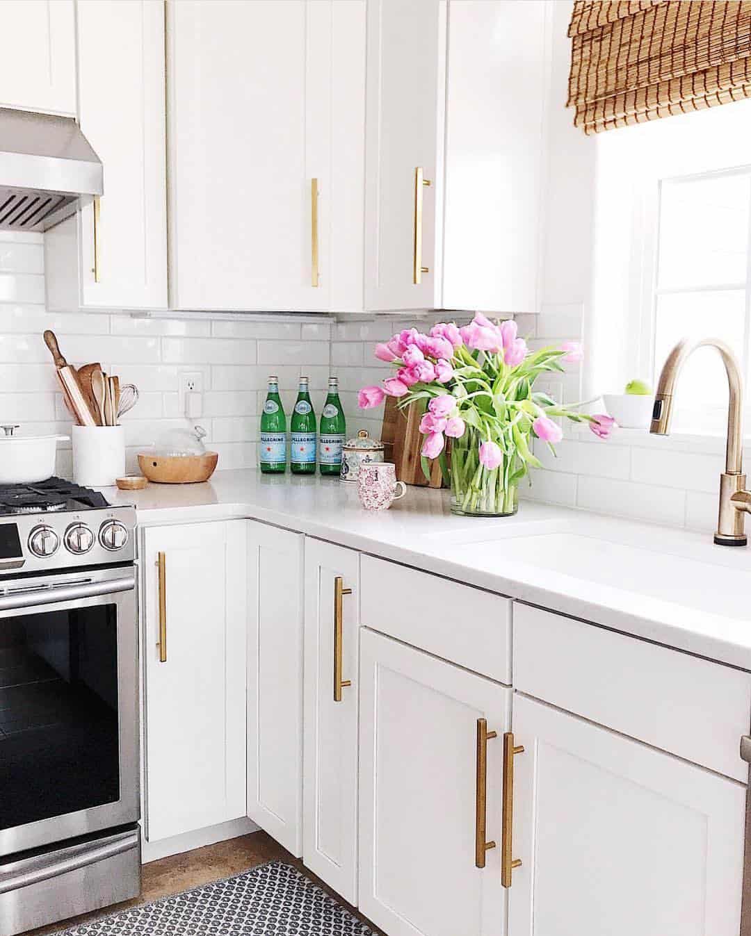 Brass Hardware White Cabinets in Kitchen