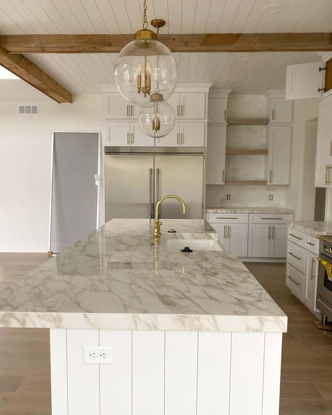 White Farmhouse Kitchen with Brass Hardware