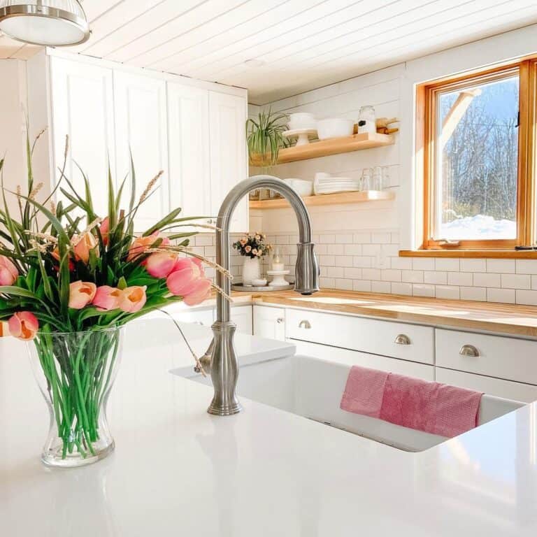 White Farmhouse Kitchen with Butcher Block Countertops