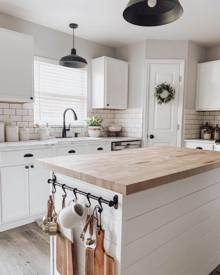 Farmhouse Greige Kitchen with Butcher Block Island