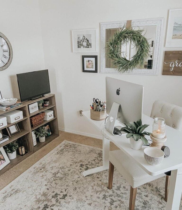 Green Wreath Over Modern White Desk