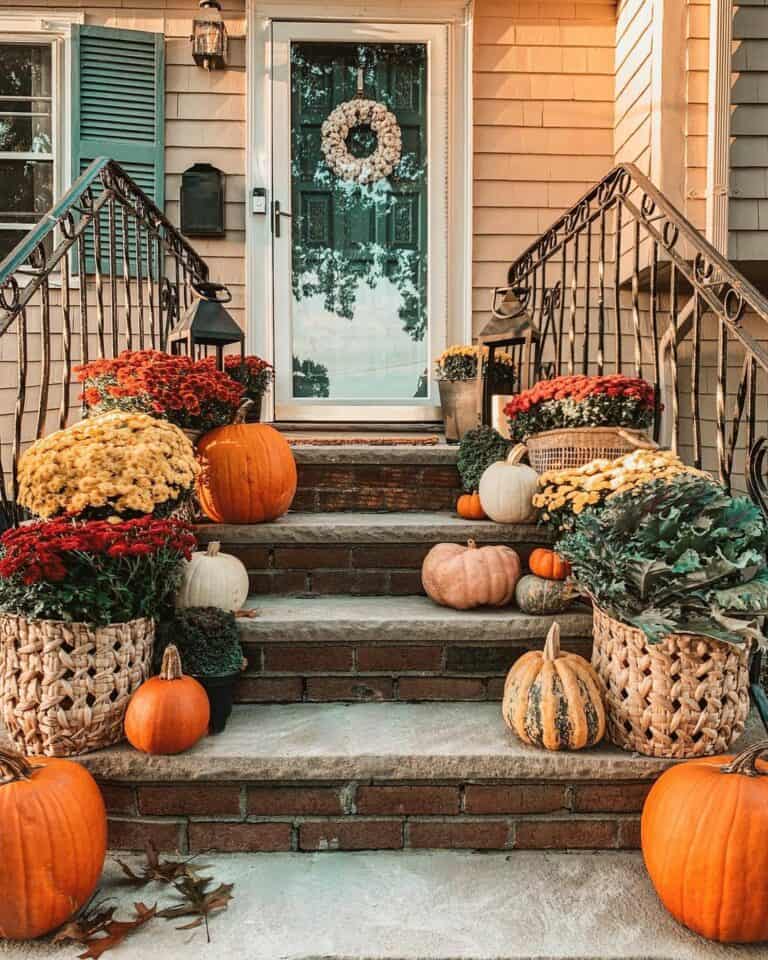 Brick and Stone Front Steps With Floral Décor
