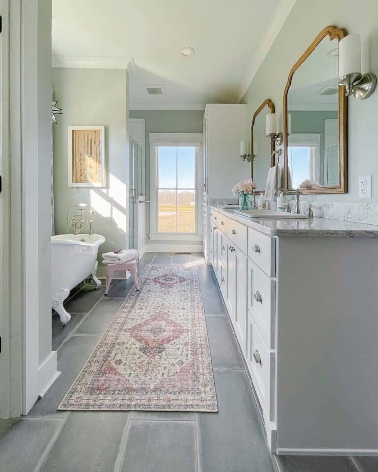Freestanding Bathtub Against Grey Tile