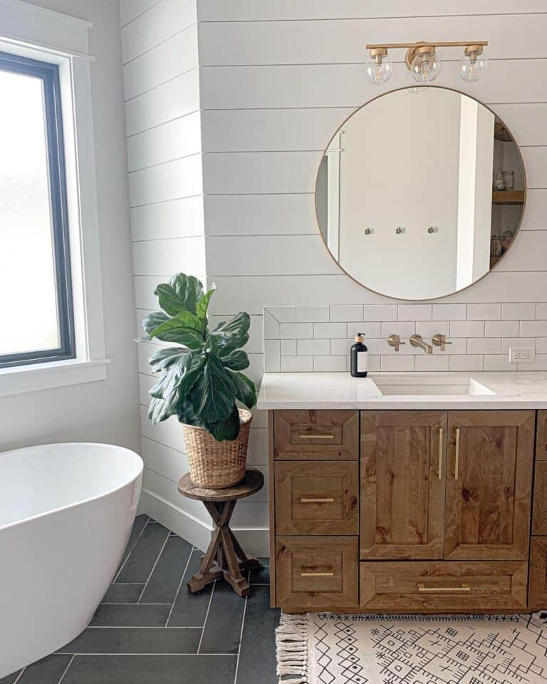 White Shiplap with Grey Herringbone Tile