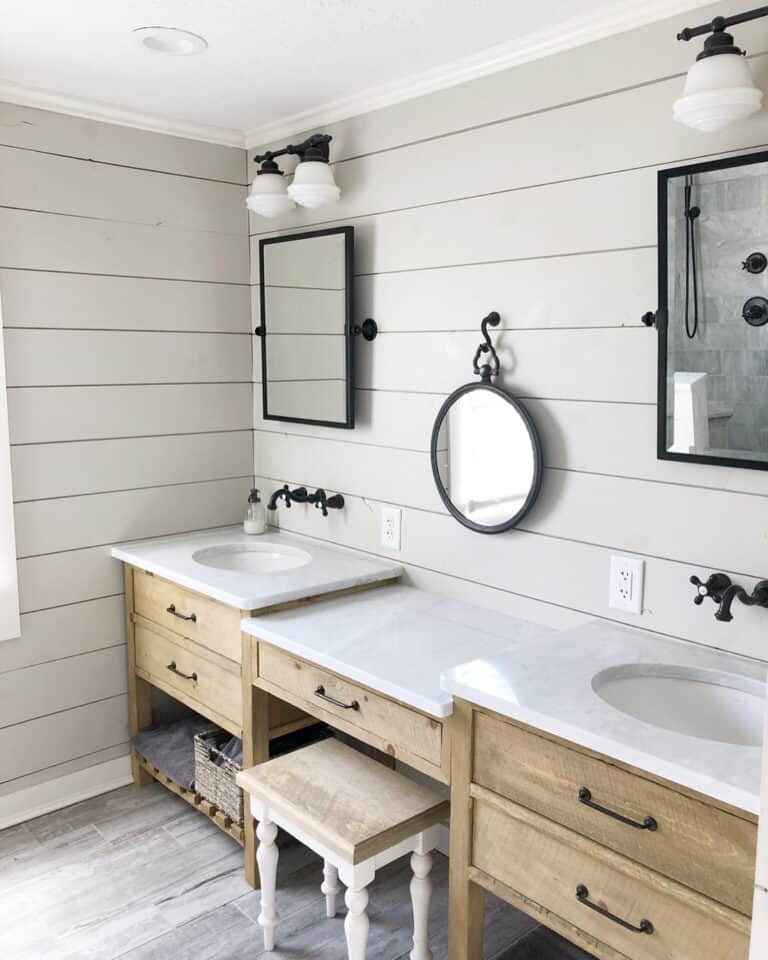 Grey Shiplap Walls in a Farmhouse Bathroom