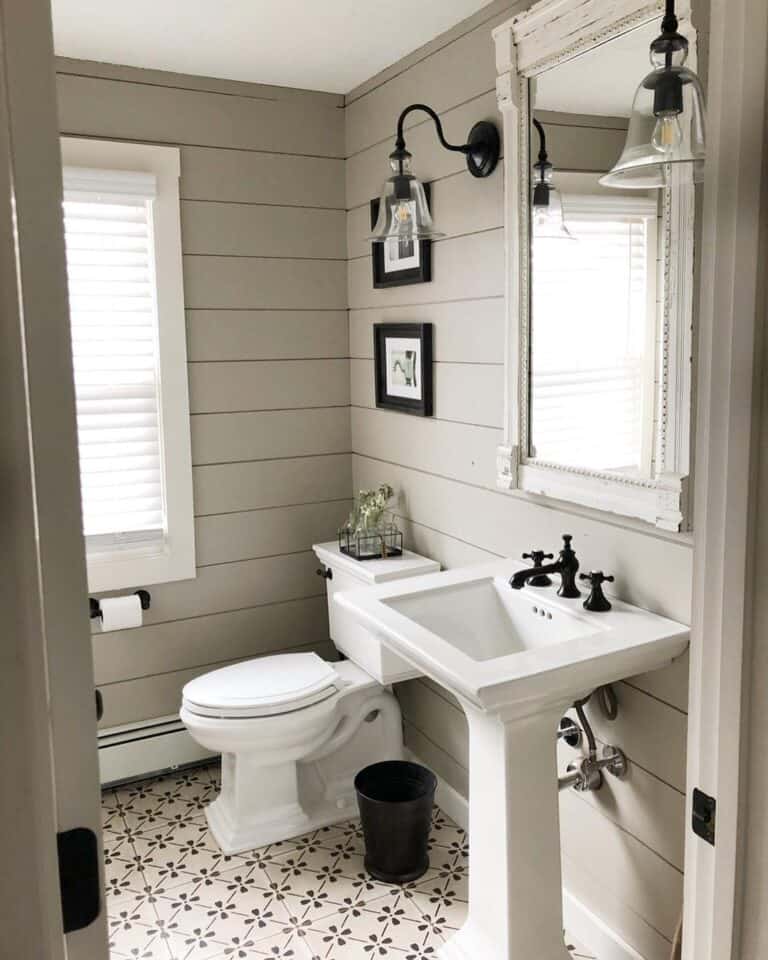 Grey Shiplap Walls in a Small Bathroom