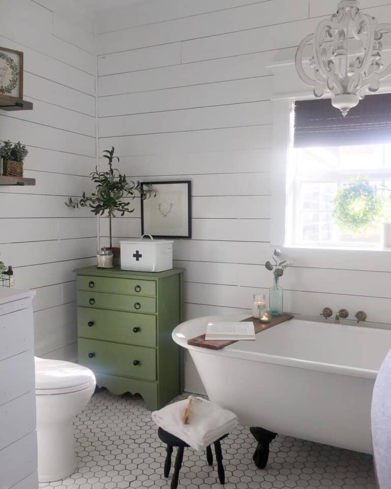 Grey Shiplap Walls with White Hexagon Tiles