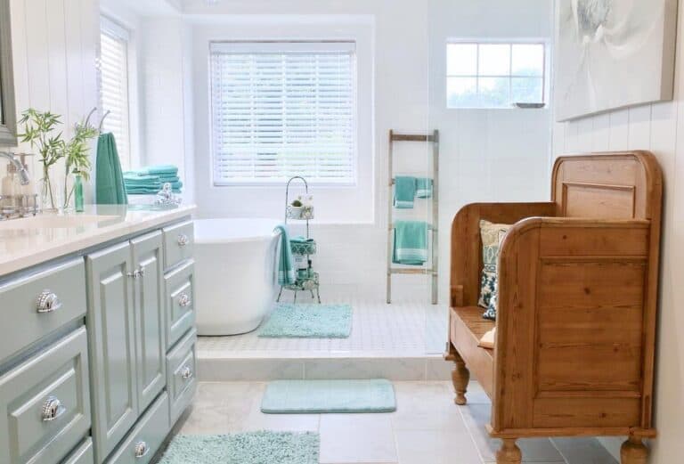 Solid Wood Bench and Freestanding Bathtub