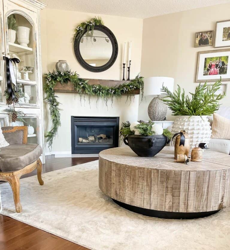 Modern Grey and White Farmhouse Living Space With Greenery