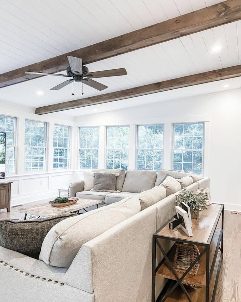 White and Grey Farmhouse Design for a Living Room