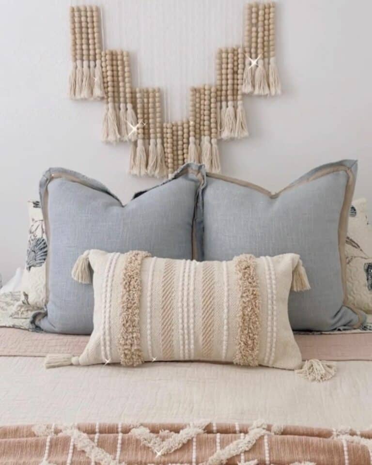 Farmhouse Bed With Unique Wooden Beaded Wall Accent
