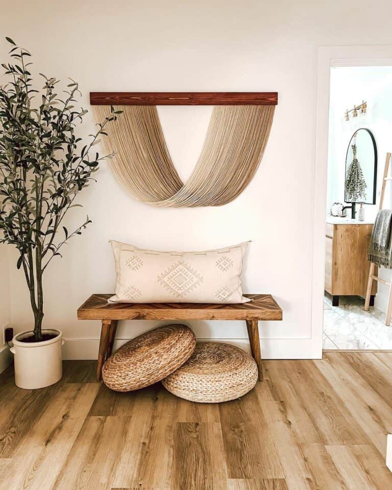 Rustic Bench With Rattan Accents