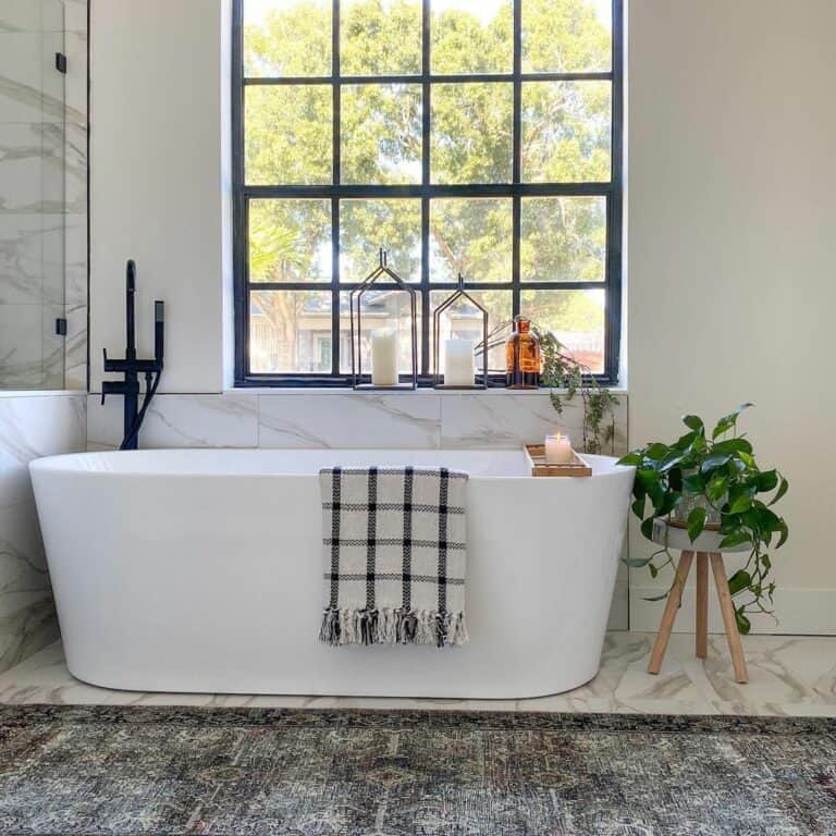 Black Grid Window and Marbled Tile