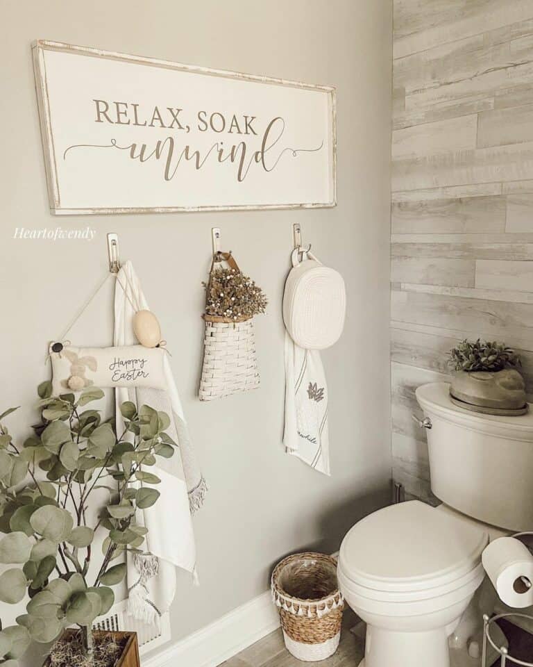 Farmhouse Bathroom With Birch Wallpaper Accent Wall