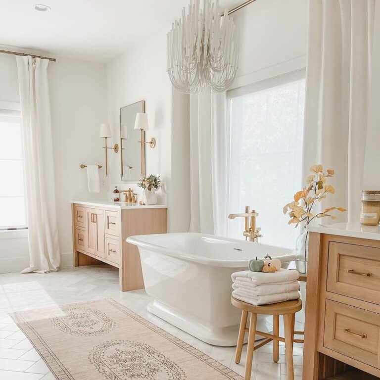 Identical Vanities Flank Freestanding Bathtub