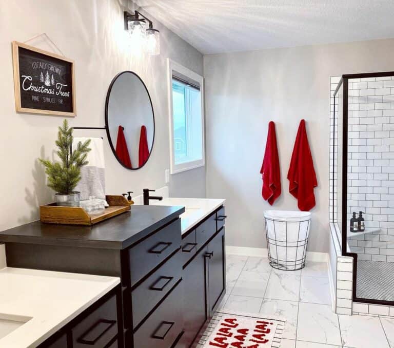Subway Tile Shower and Black Vanity