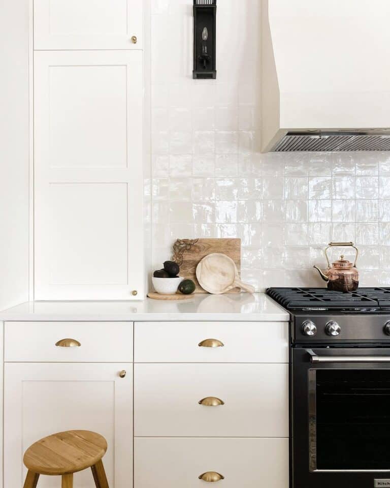 Brass Hardware on White Kitchen Cabinets