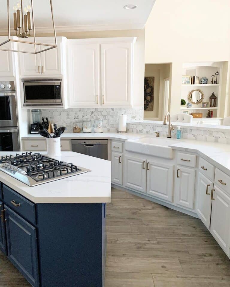 Navy Kitchen Island with Stainless Cooktop