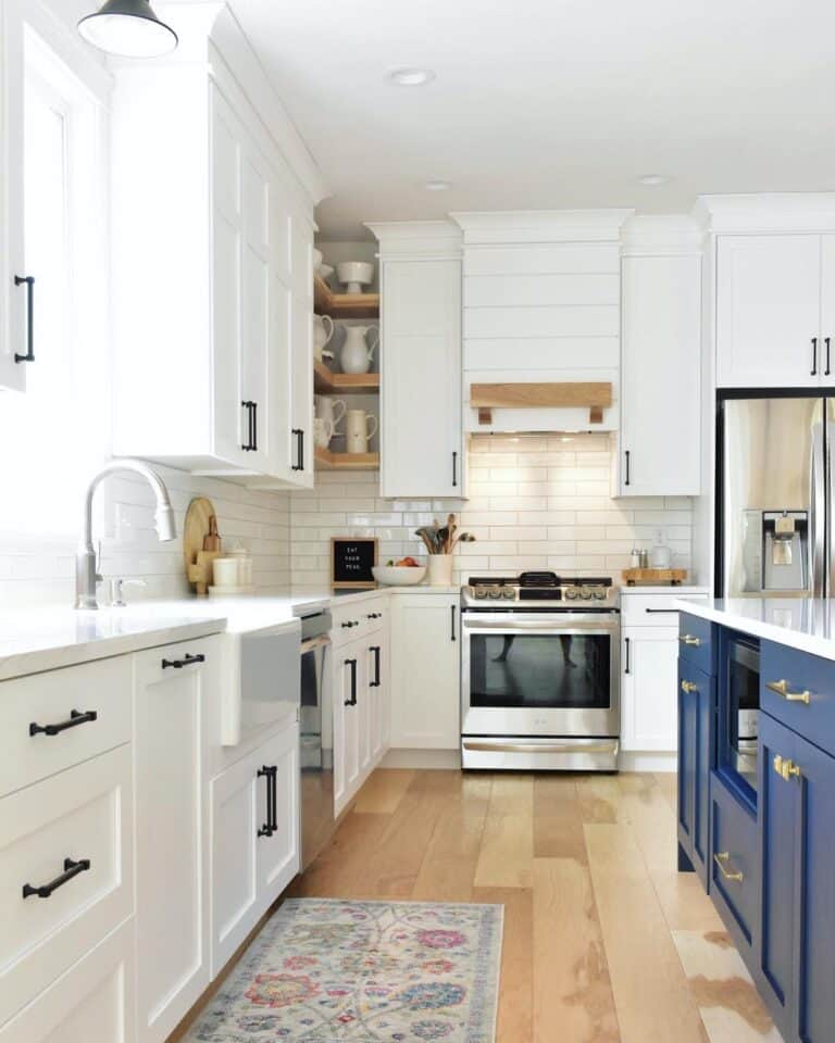 Navy Kitchen Island with Brass Hardware
