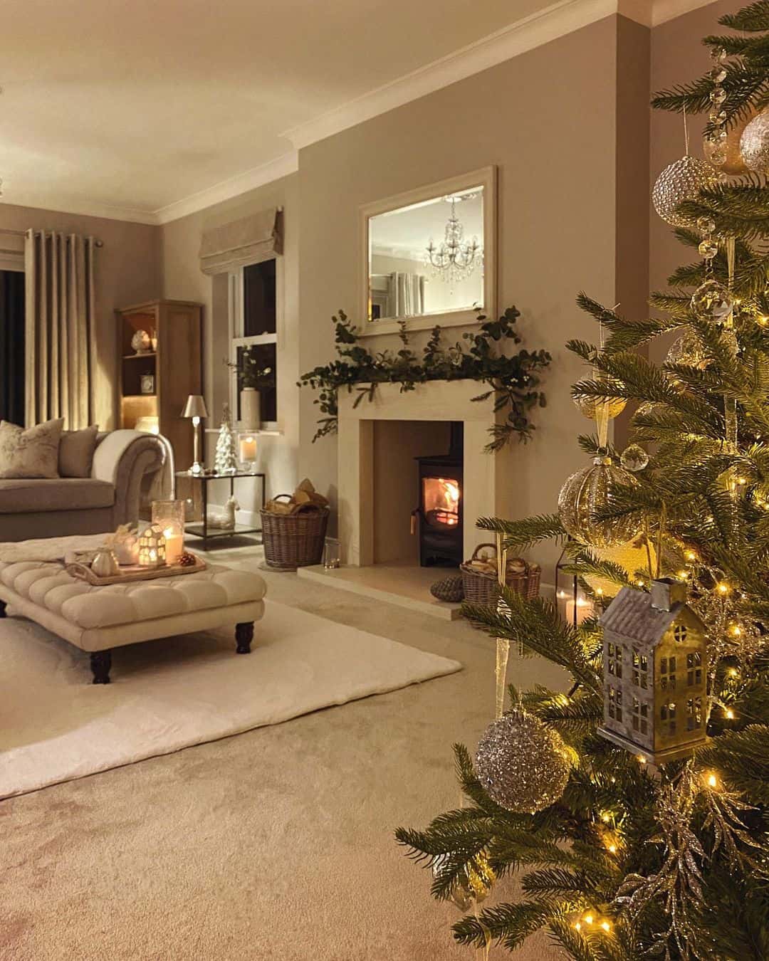 Large Framed Mirror Above Festive Fireplace