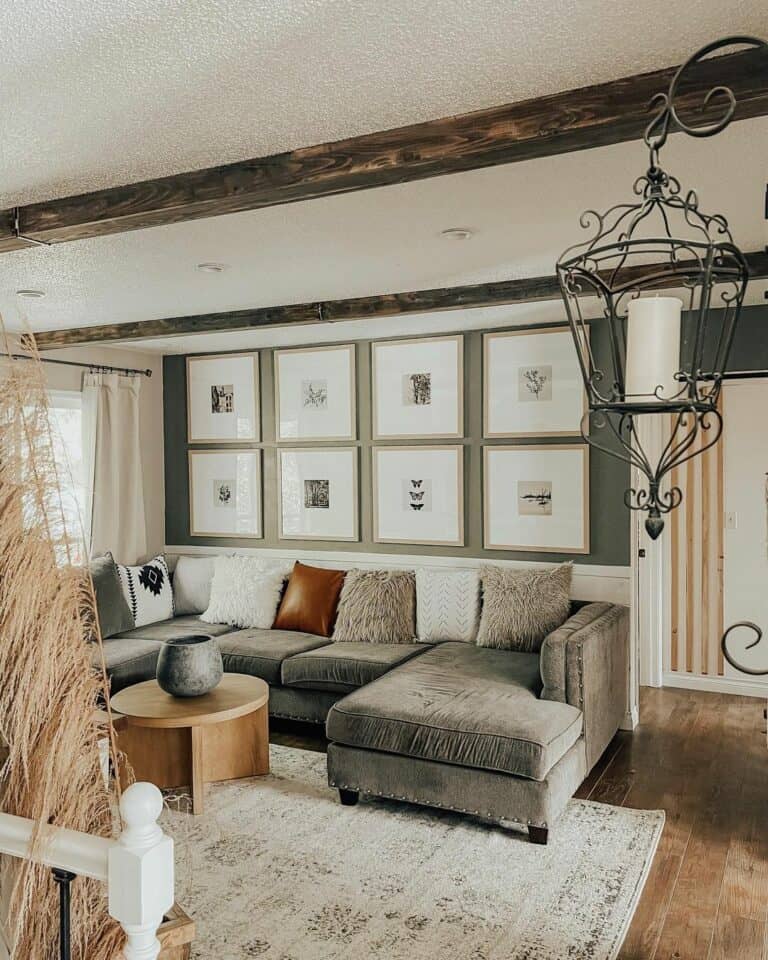 Living Room With Beige Frame Photo Display Wall
