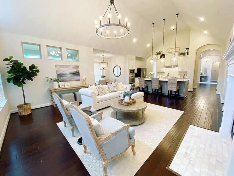 Wagon Wheel Chandelier Over Elegant Living Room