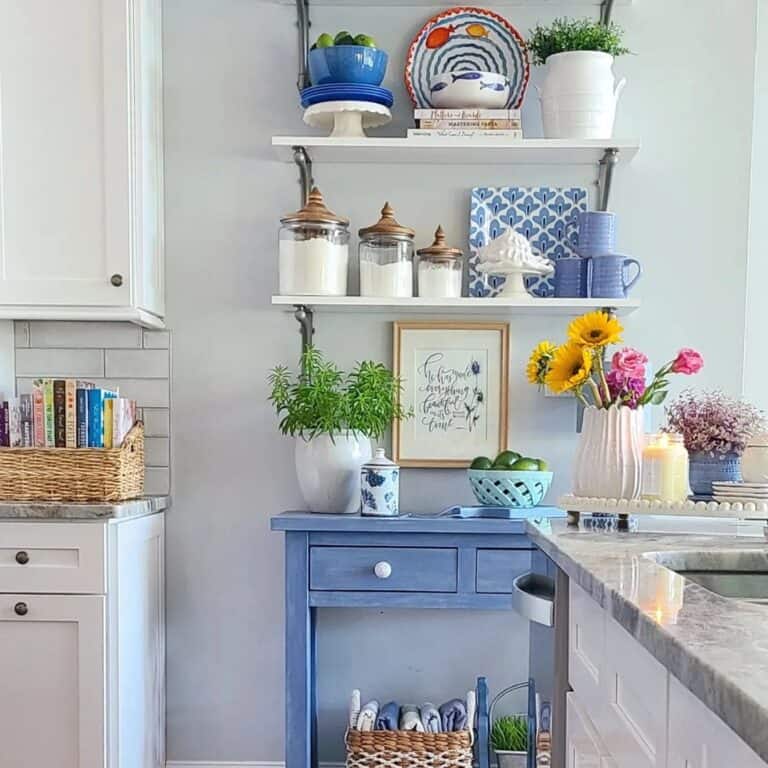Blue Accessories on Shelf Above Console