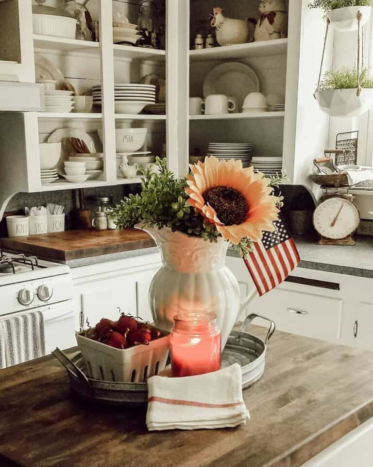 White Kichen With Exposed Cabinet Shelves