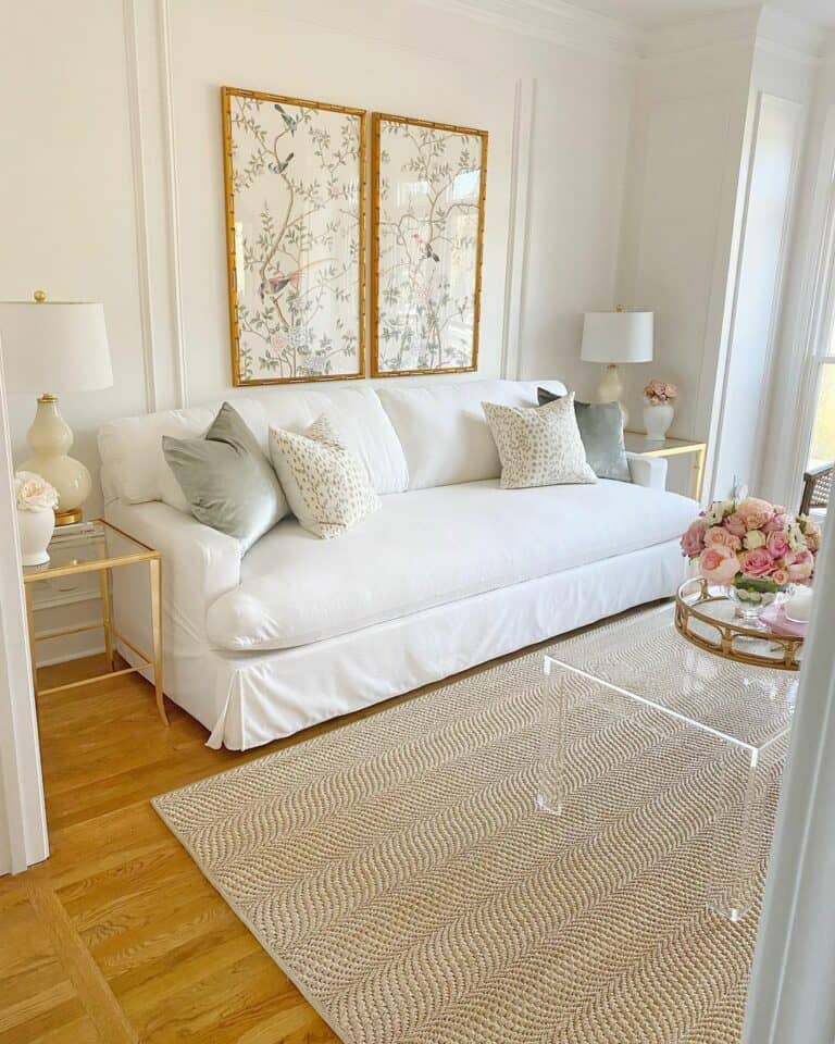 Snowy White Living Room With Golden Area Rug