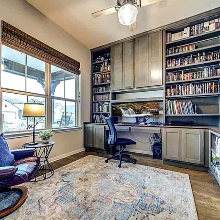 Home Office With Built-in Wall of Shelves