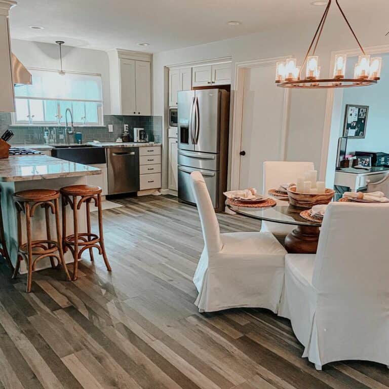 Slip-covered Chairs on Multi-tone Flooring